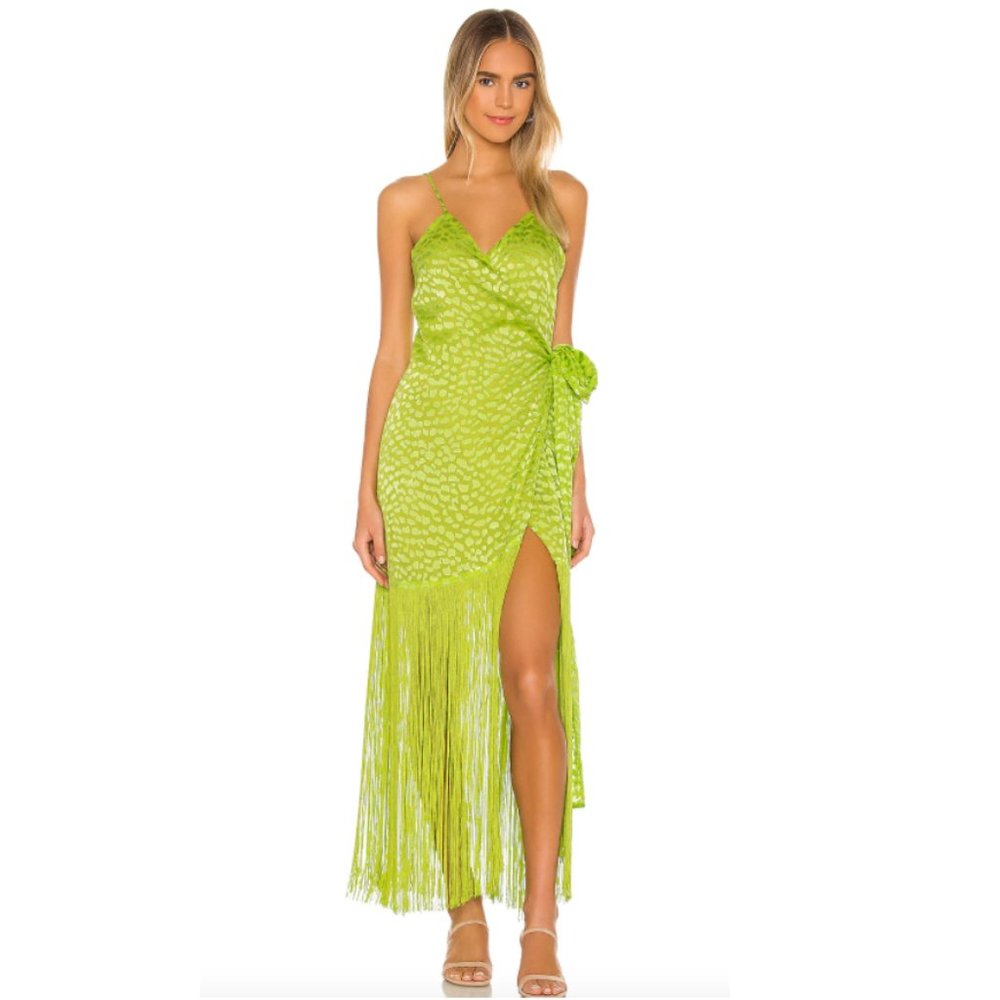 LPA Orelia Fringe Wrap Dress, Lime Green - XXS